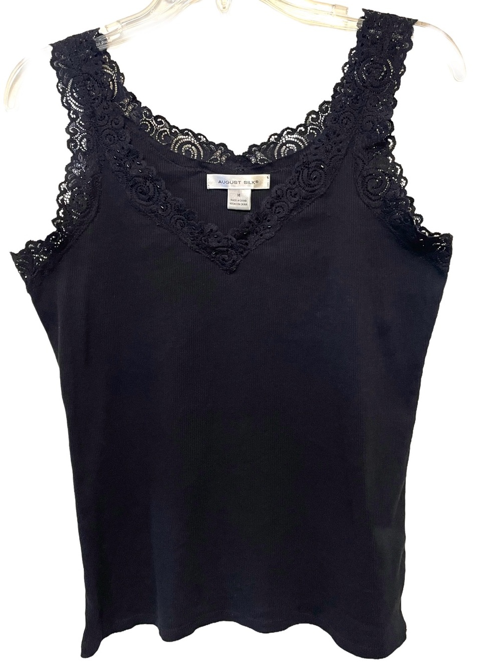 August Silk Black Lace-Trim Ribbed Tank Women’s Size Medium